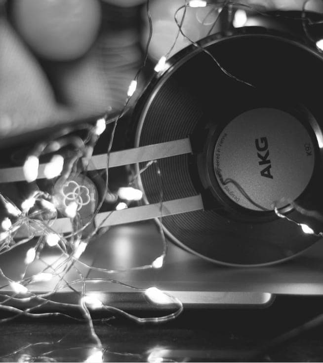Workspace with headphones and phone